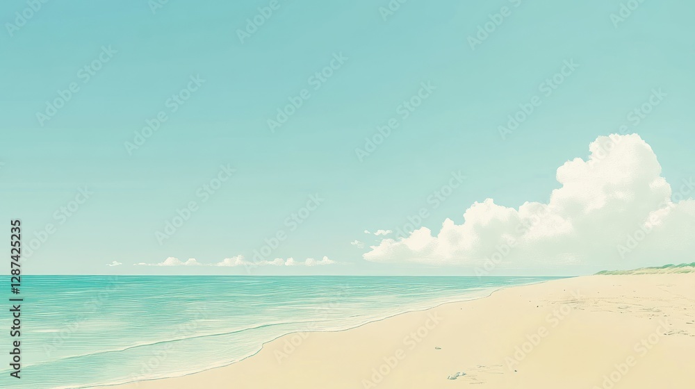 Serene Coastal Vista: A Tranquil Beachscape Under a Summer Sky Serene Coastal Vista: A Tranquil Beachscape Under a Summer Sky