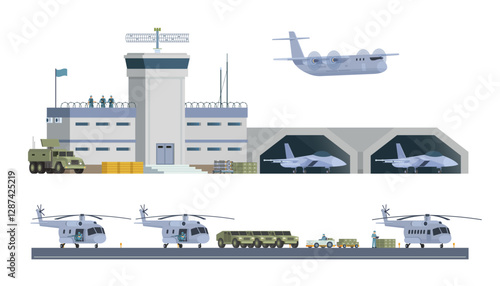 Military Airbase Vector Illustration. Aircraft, Vehicles, Staff, and Editable Modular Infographic Elements