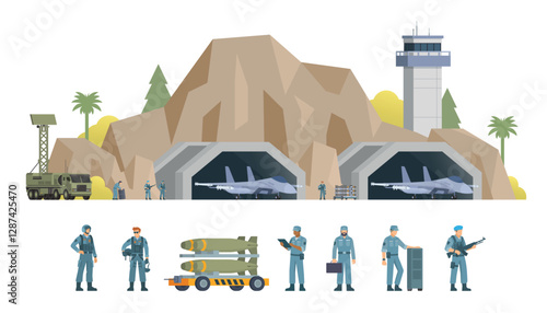 Military Airbase Vector Illustration. Aircraft, Vehicles, Staff, and Editable Modular Infographic Elements
