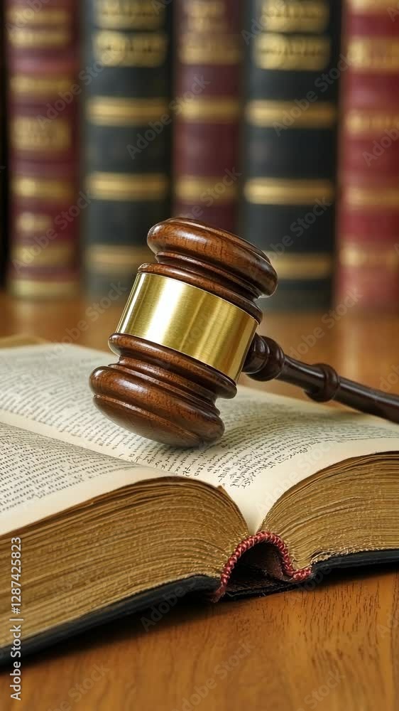 Legal gavel resting on an open law book in a library with blurred book spines in the background Legal gavel resting on an open law book in a library with blurred book spines in the background