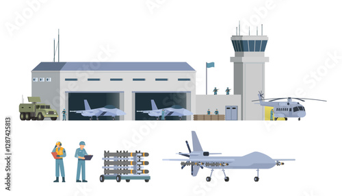 Military Airbase Vector Illustration. Aircraft, Vehicles, Staff, and Editable Modular Infographic Elements