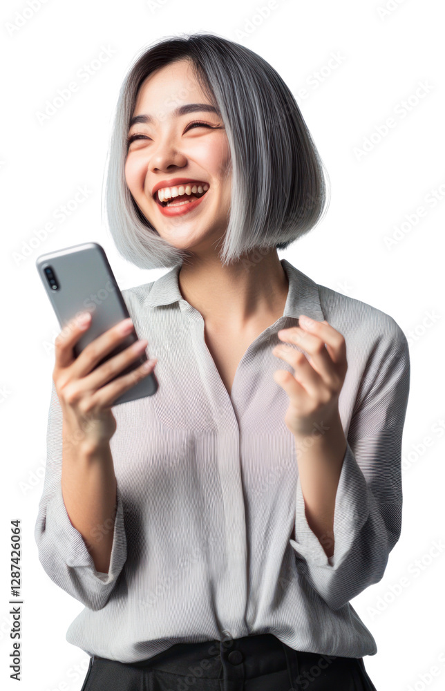 PNG Asian woman using a phone happy portrait smile. PNG Asian woman using a phone happy portrait smile.