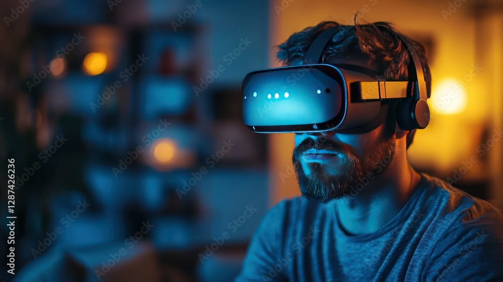 Immersed in Reality: A man wearing a virtual reality headset, his eyes focused, exploring a digital world with anticipation and excitement, creating a sense of wonder and the future. Immersed in Reality: A man wearing a virtual reality headset, his eyes focused, exploring a digital world with anticipation and excitement, creating a sense of wonder and the future.