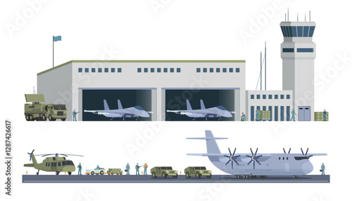 Military Airbase Vector Illustration. Aircraft, Vehicles, Staff, and Editable Modular Infographic Elements