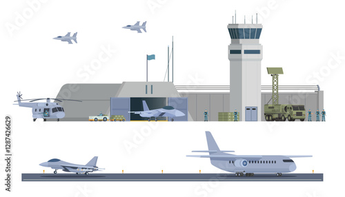 Military Airbase Vector Illustration. Aircraft, Vehicles, Staff, and Editable Modular Infographic Elements
