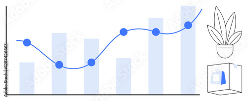 Line graph over bar chart indicating growth, with a potted plant symbolizing growth, and a shopping bag symbolizing commerce or retail. Ideal for business growth, data analysis, financial reports