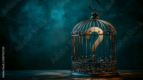 Ornate Metal Cage Enclosing A Large Question Mark Against A Moody Blue Background Symbolic Of Enigma And Uncertainty