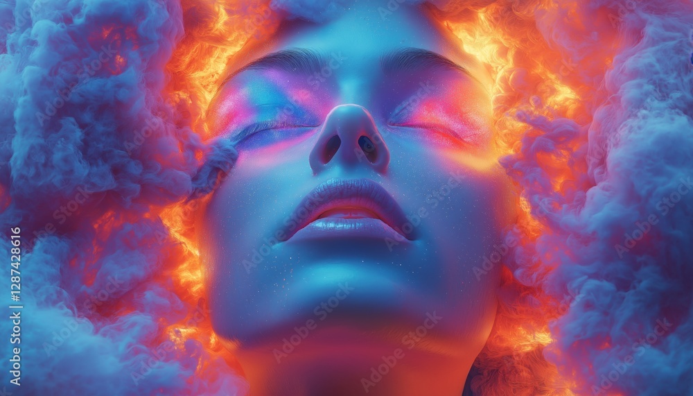 Conceptual Pop Surrealism Woman Face Engulfed in Dreamlike Colorful Smoke Conceptual Pop Surrealism Woman Face Engulfed in Dreamlike Colorful Smoke