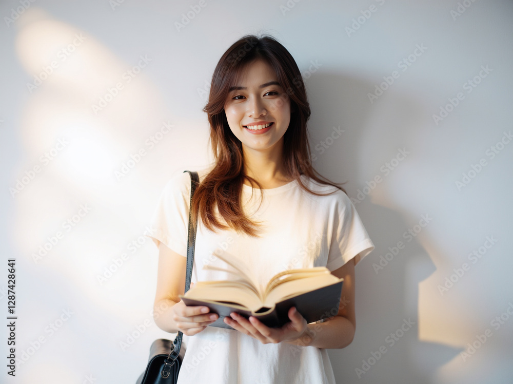 A photo of a young woman with long, soft, straight brown hair that falls naturally against a white background, with a warm and sincere smile and bright, soulful eyes. She is wearing a simple white sho