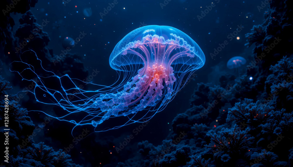 Naklejka premium Glowing jellyfish floating in deep ocean with bioluminescent light, underwater marine life scene, dark blue aquatic background, digital illustration