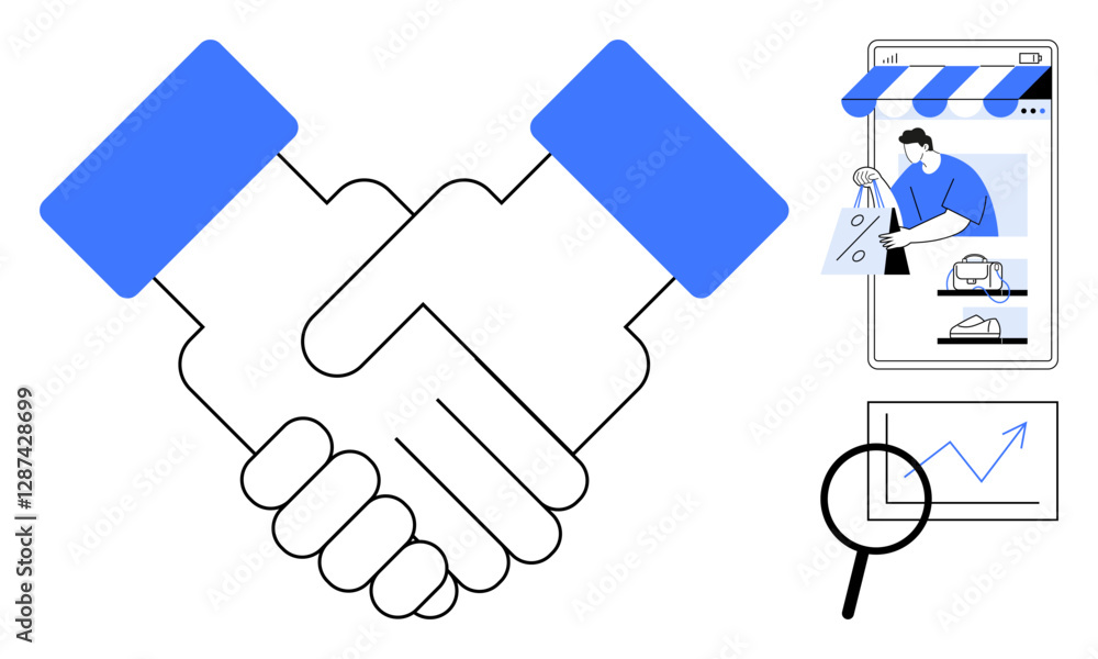 Handshake signifies partnership. Smartphone shows online shopping with customer holding store bag. Magnifying glass highlights analytics graph. Ideal for business, partnerships, e-commerce, online Handshake signifies partnership. Smartphone shows online shopping with customer holding store bag. Magnifying glass highlights analytics graph. Ideal for business, partnerships, e-commerce, online
