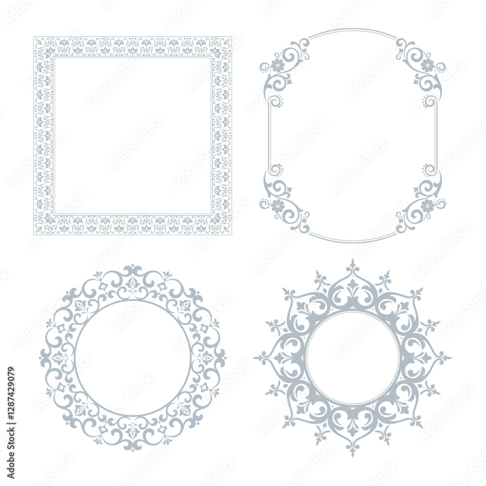 Set of decorative frames Elegant vector element for design in Eastern style, place for text. Floral gray and white borders. Lace illustration for invitations and greeting cards Set of decorative frames Elegant vector element for design in Eastern style, place for text. Floral gray and white borders. Lace illustration for invitations and greeting cards