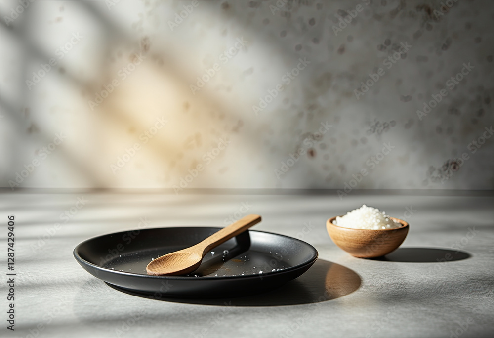Dark plate with spoon and salt bowl on a table. Food photography setup for culinary blogs, websites, and restaurant presentations. Dark plate with spoon and salt bowl on a table. Food photography setup for culinary blogs, websites, and restaurant presentations.