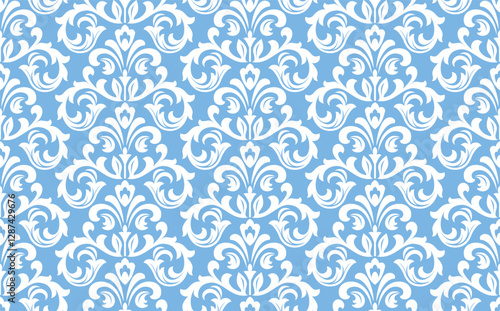 Wallpaper in the style of Baroque. White and blue floral ornament. Seamless vector background. Graphic pattern for fabric, wallpaper, packaging. Ornate Damask flower illustration