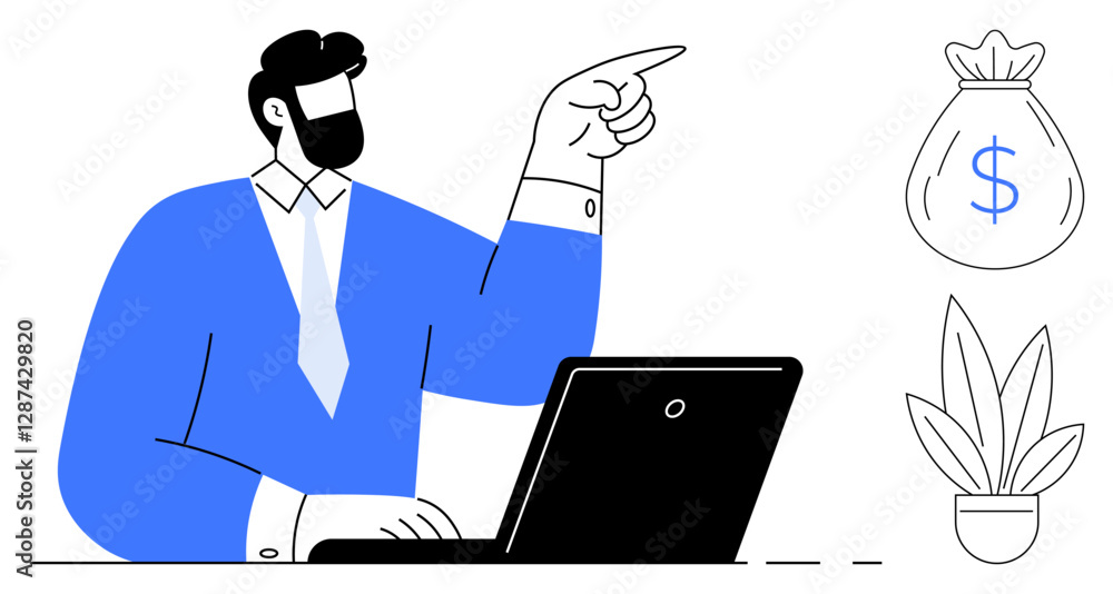 Businessman pointing beyond laptop towards money bag and plant, representing financial goals and growth opportunities. Ideal for business strategy, investment planning, financial advice, wealth Businessman pointing beyond laptop towards money bag and plant, representing financial goals and growth opportunities. Ideal for business strategy, investment planning, financial advice, wealth