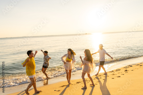 Photography Happy man and woman travel nature ocean on summer beach holiday vacation