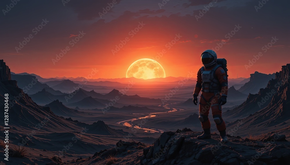 Sci-fi sunset astronaut in alien terrain Sci-fi sunset astronaut in alien terrain