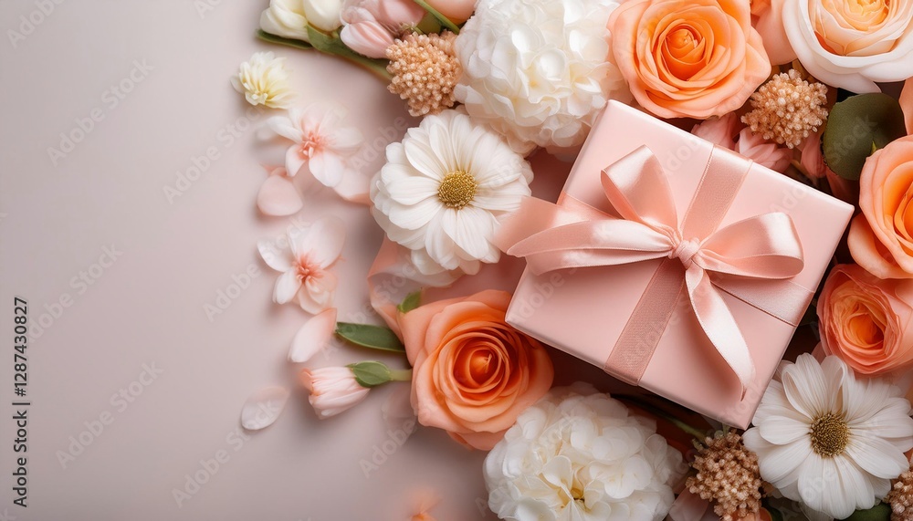 Pastel Pink Gift Box with Peach Ribbon on Flowers Background. Top View of Mother Day Gifts with Copy Space Pastel Pink Gift Box with Peach Ribbon on Flowers Background. Top View of Mother Day Gifts with Copy Space