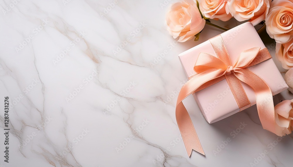 Pastel Pink Gift Box with Peach Ribbon on Marble Background. Top View of Mother Day Gifts with Copy Space Pastel Pink Gift Box with Peach Ribbon on Marble Background. Top View of Mother Day Gifts with Copy Space