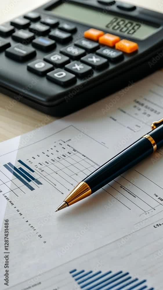 Financial analysis report with calculator and pen on wooden desk with graphs and charts in soft lighting Financial analysis report with calculator and pen on wooden desk with graphs and charts in soft lighting