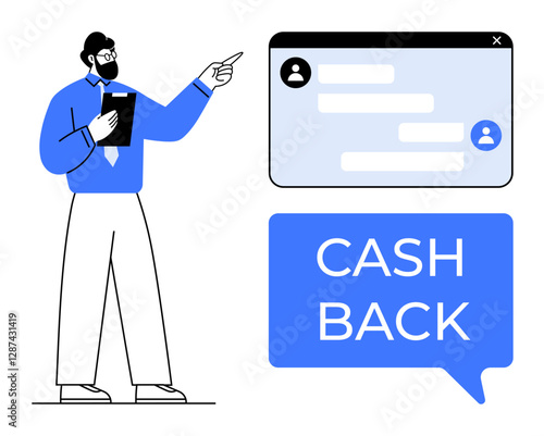 Man holding clipboard, pointing at chat window with cashback message. Ideal for financial advice, customer service, cashback promotions, online transactions, user interaction, digital marketing