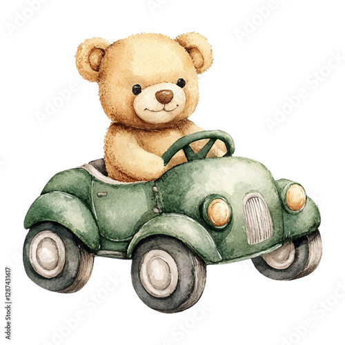 Cute Watercolor Teddy Bear Driving a Vintage Green Toy Car, Baby Shower, isolated with transparent background