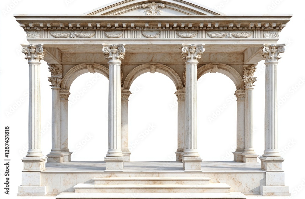 A neoclassical pavilion with arched columns and steps, isolated on a white background A neoclassical pavilion with arched columns and steps, isolated on a white background