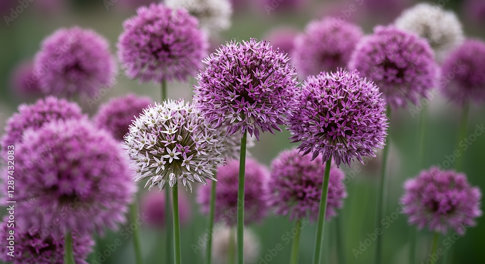 Obraz premium Giant allium flowers blooming in white and purple at the garden 