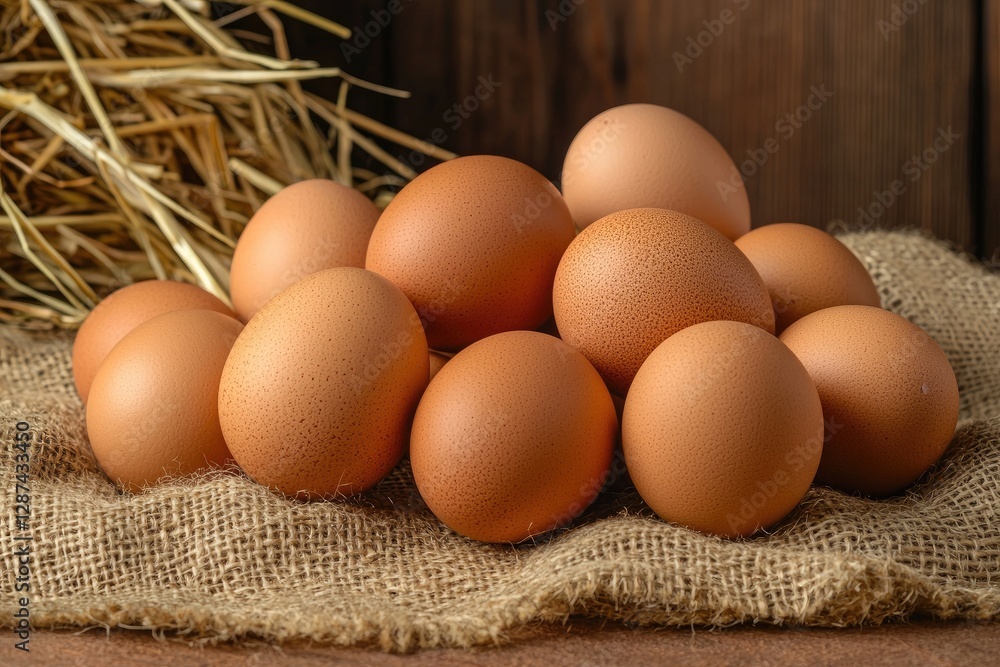 Fresh eggs in sackcloth on wooden table, closeup. Healthy food Fresh eggs in sackcloth on wooden table, closeup. Healthy food