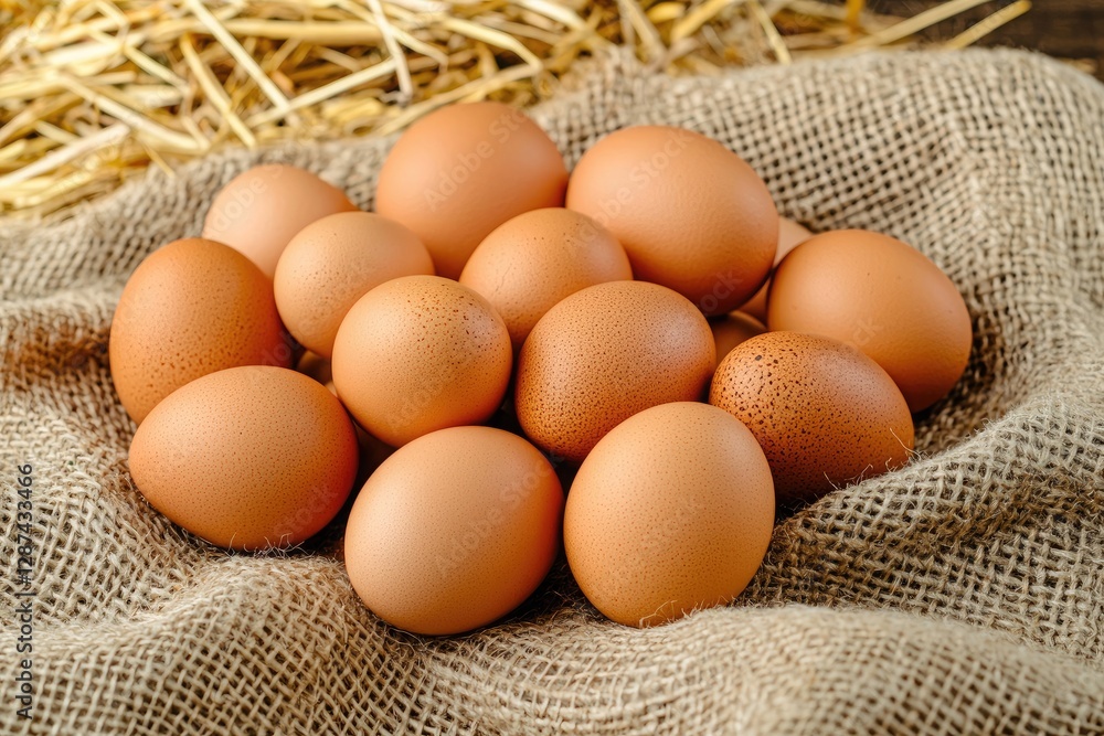 Fresh eggs in sackcloth on wooden table, closeup. Healthy food Fresh eggs in sackcloth on wooden table, closeup. Healthy food