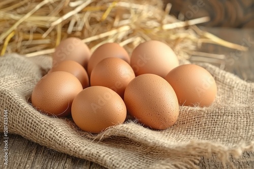 Fresh eggs in sackcloth on wooden table, closeup. Healthy food