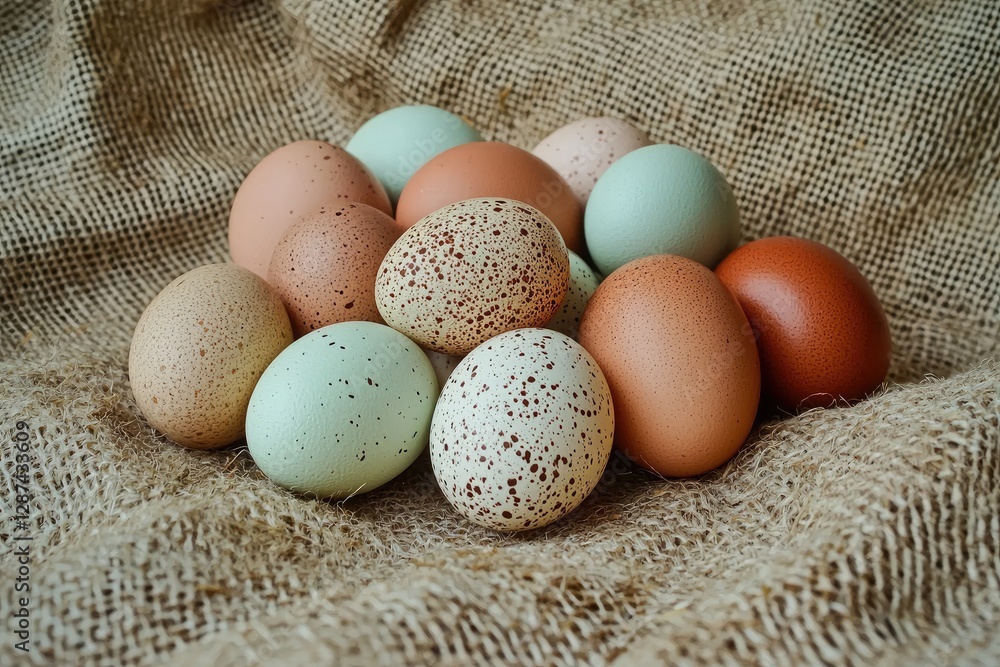 Fresh eggs in sackcloth on wooden table, closeup. Healthy food Fresh eggs in sackcloth on wooden table, closeup. Healthy food