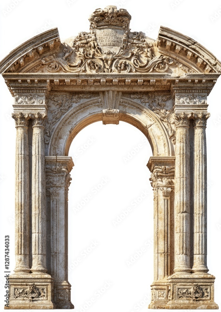 A realistic ancient Roman arch with detailed carvings and architectural elements, isolated on a white background A realistic ancient Roman arch with detailed carvings and architectural elements, isolated on a white background