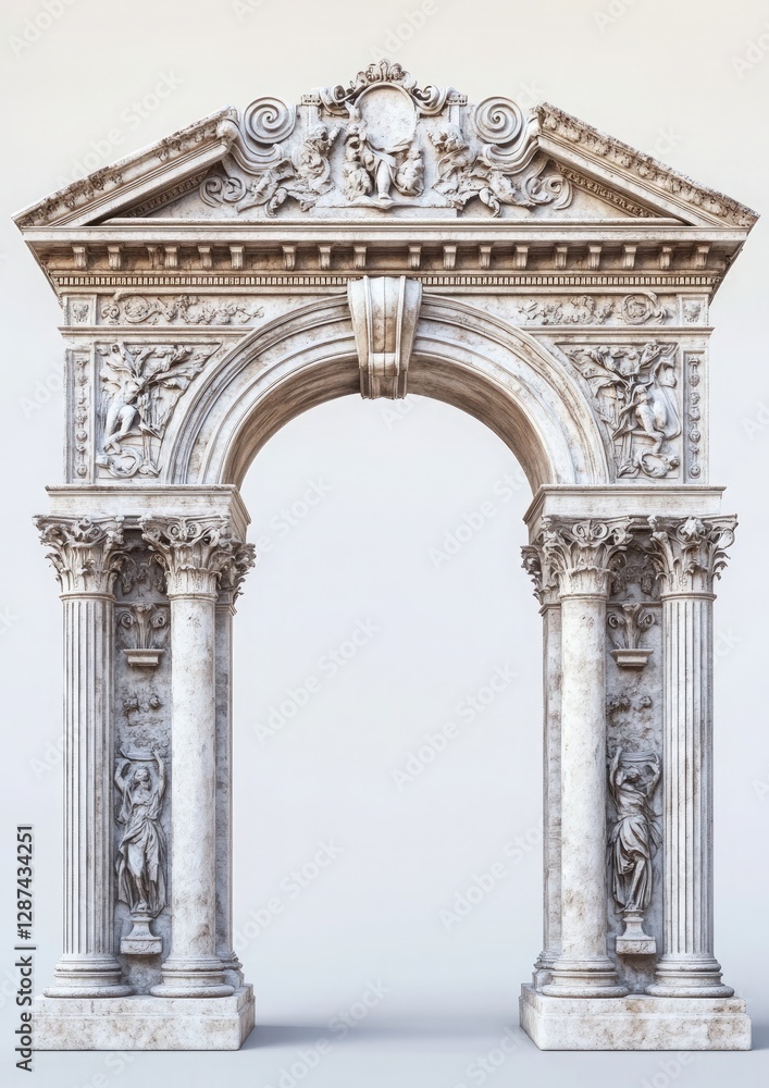 A realistic ancient Roman arch with detailed carvings and architectural elements, isolated on a white background A realistic ancient Roman arch with detailed carvings and architectural elements, isolated on a white background