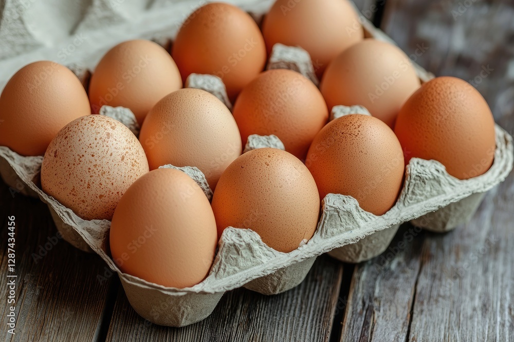 Eggs in a cardboard box on a wooden background. Top view Eggs in a cardboard box on a wooden background. Top view