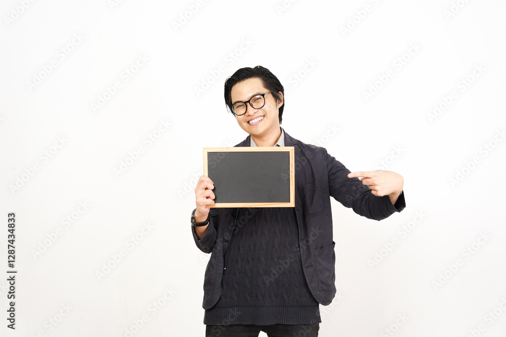 Smiling and holding blank chalkboard for copy space Of Handsome Asian Man Isolated On White Background Smiling and holding blank chalkboard for copy space Of Handsome Asian Man Isolated On White Background