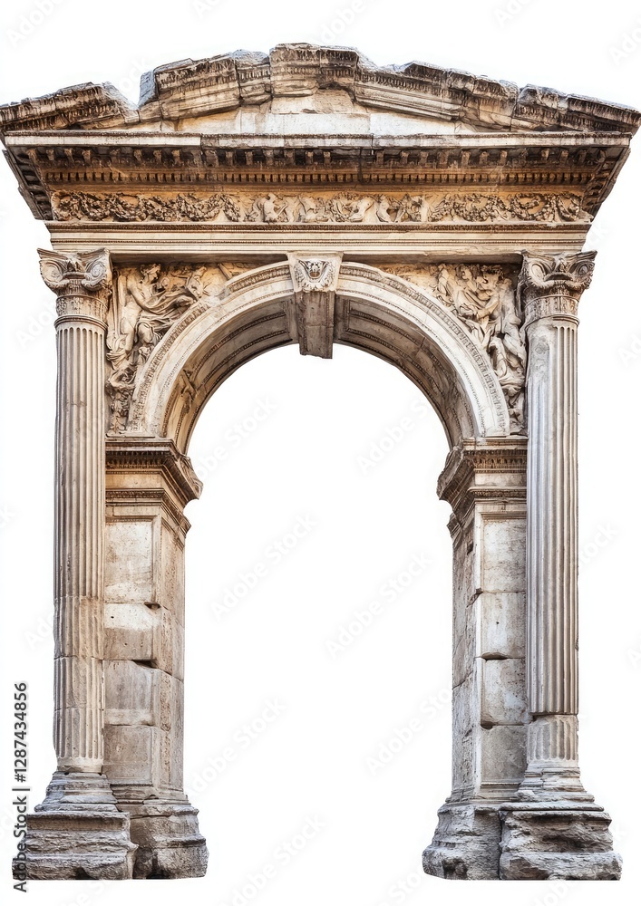 Obraz premium An ancient Roman arch with decorative carvings, isolated on a white background