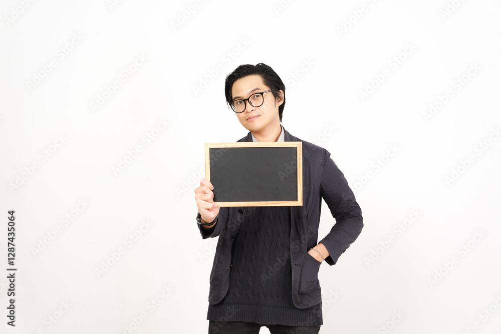 Smiling and holding blank chalkboard for copy space Of Handsome Asian Man Isolated On White Background Smiling and holding blank chalkboard for copy space Of Handsome Asian Man Isolated On White Background