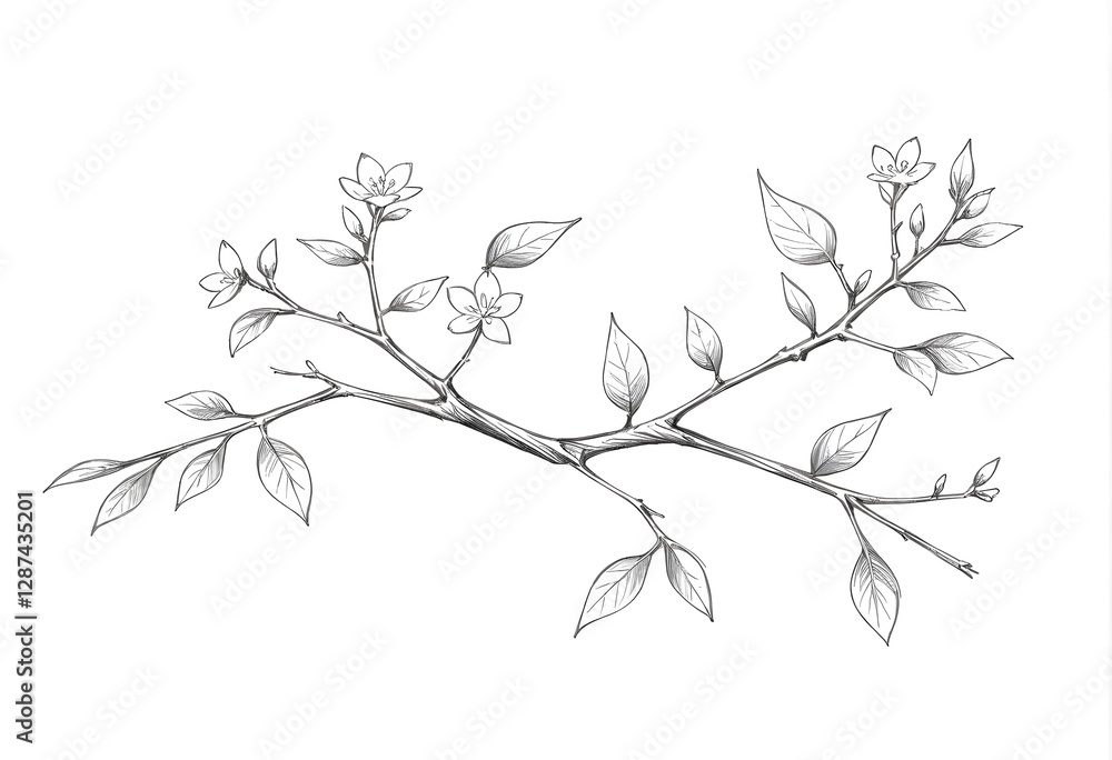 Fototapeta premium Elegant Hand-Drawn Botanical Illustration of a Flowering Branch with Leaves and Blossoms – Perfect for Nature Themes