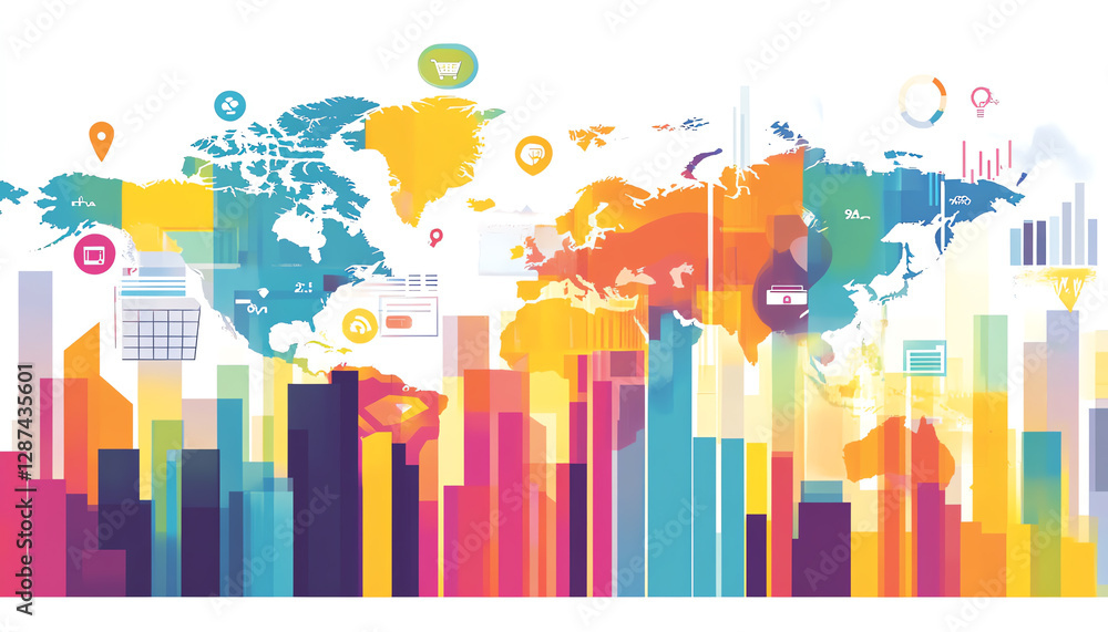 Fototapeta premium A vibrant graphic illustration showcasing a colorful world map with city structures and data symbols.