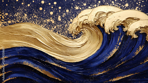 Painting of a wave featuring gold and blue colors with dynamic movement and fluidity in the artwork