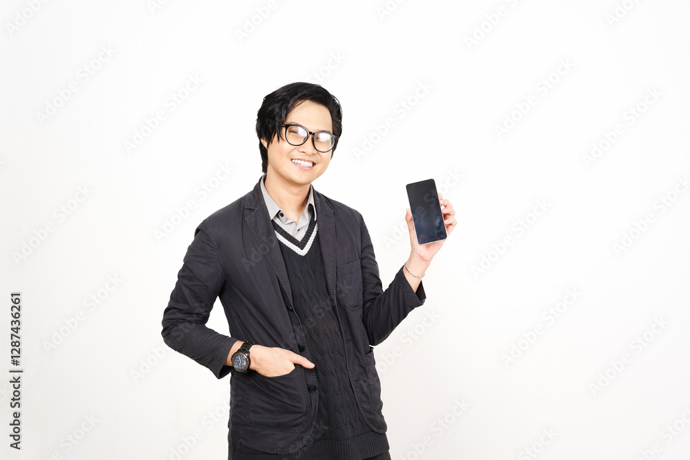 Smiling face Holding Smartphone and Presenting blank screen for copy space Of Handsome Asian Man Isolated On White Background