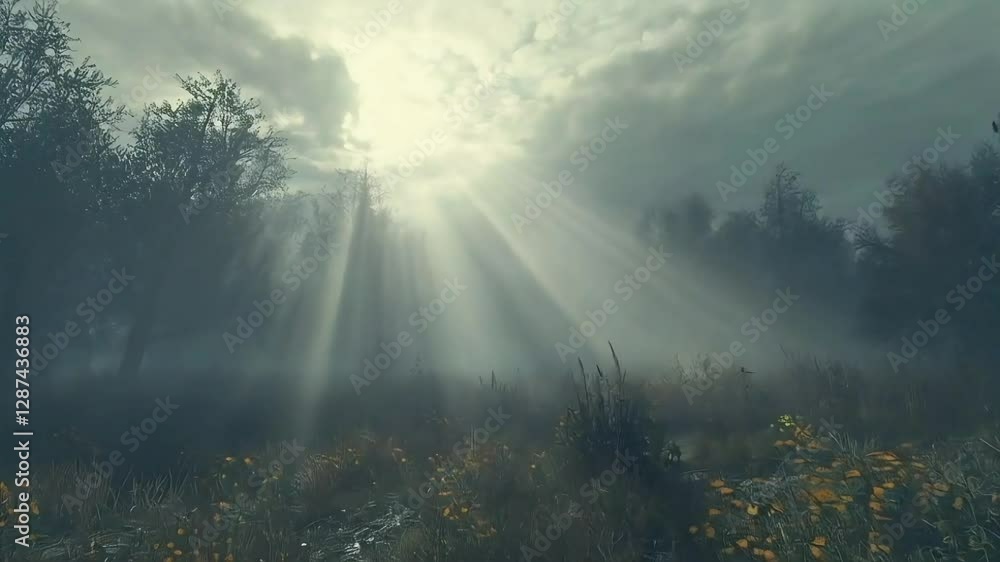 Sunbeams pierce misty forest meadow at dawn Sunbeams pierce misty forest meadow at dawn