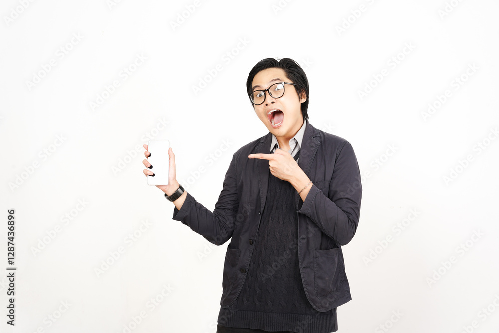 WOW Shocked face Holding Smartphone and Presenting blank screen for copy space Of Handsome Asian Man Isolated On White Background WOW Shocked face Holding Smartphone and Presenting blank screen for copy space Of Handsome Asian Man Isolated On White Background