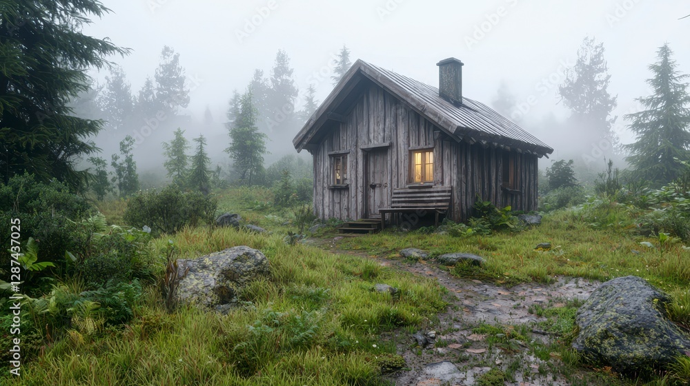 Misty Forest Cabin Rustic Wooden House in a Foggy Clearing Misty Forest Cabin Rustic Wooden House in a Foggy Clearing