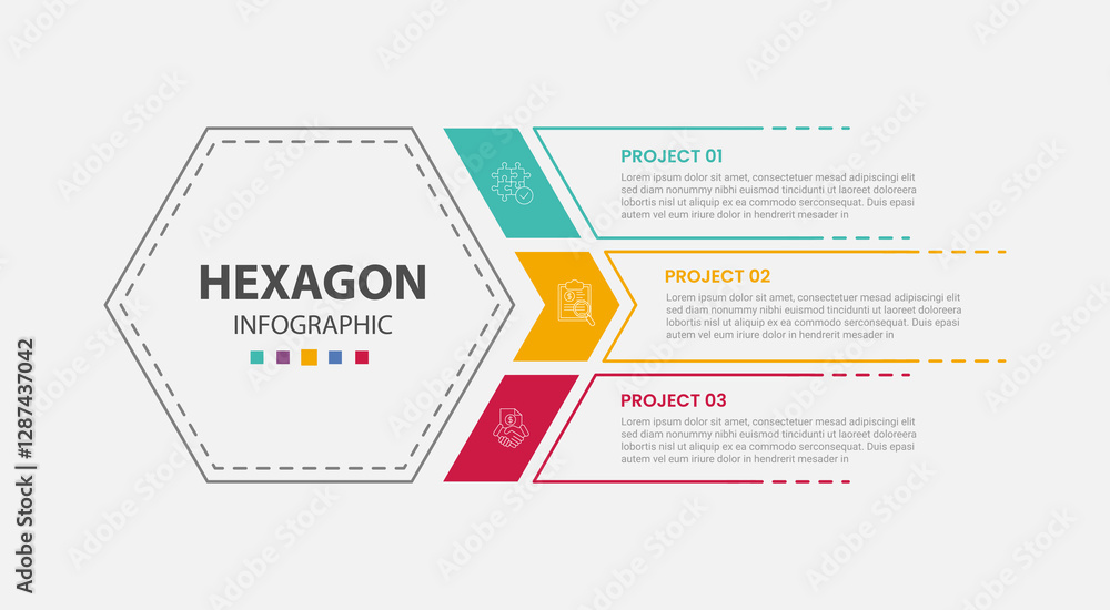 Fototapeta premium hexagon or hexagonal base shape infographic outline style with 3 point template with big hexagon left and slice cut list container for slide presentation