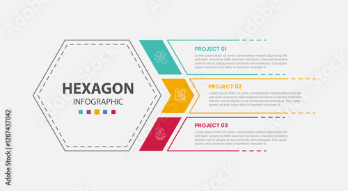 hexagon or hexagonal base shape infographic outline style with 3 point template with big hexagon left and slice cut list container for slide presentation