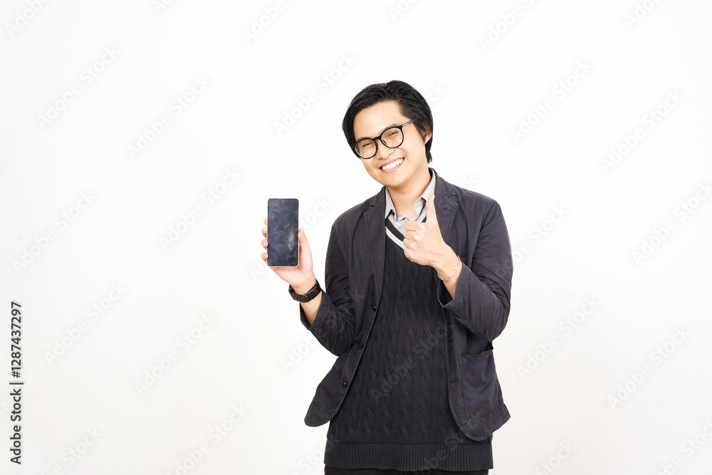 Smiling and Showing Thumbs up Holding Smartphone and Presenting blank screen for copy space Of Handsome Asian Man Isolated On White Background Smiling and Showing Thumbs up Holding Smartphone and Presenting blank screen for copy space Of Handsome Asian Man Isolated On White Background