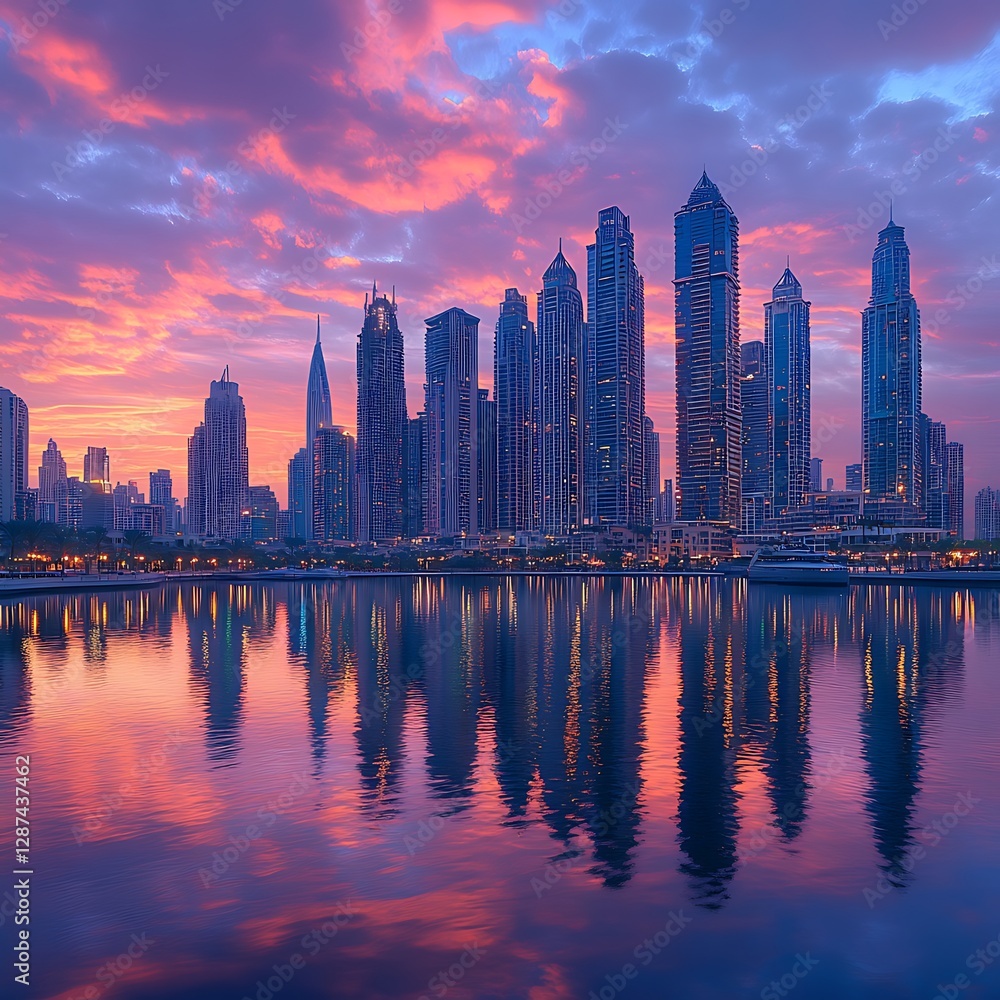 Fototapeta premium Dubai skyline sunrise reflection waterfront