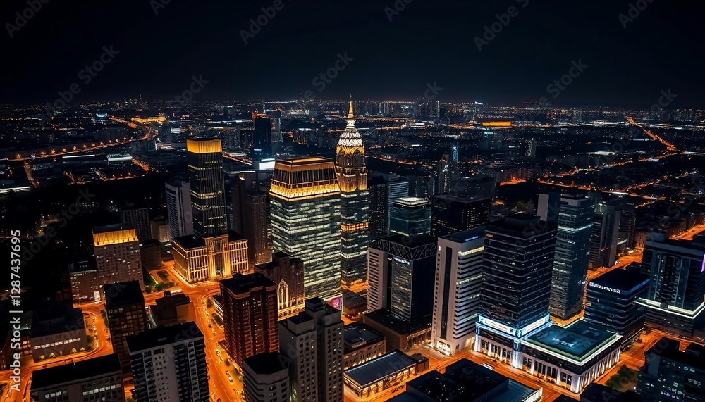 Obraz premium Night Lights of the Cityscape: An Aerial View of Modern Urban Architecture